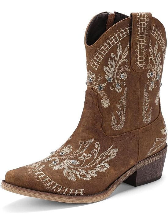 Shoes - Women's Brown Comfortable Chunky Heel Side Zipper Embroidered Short Cowgirl Boot